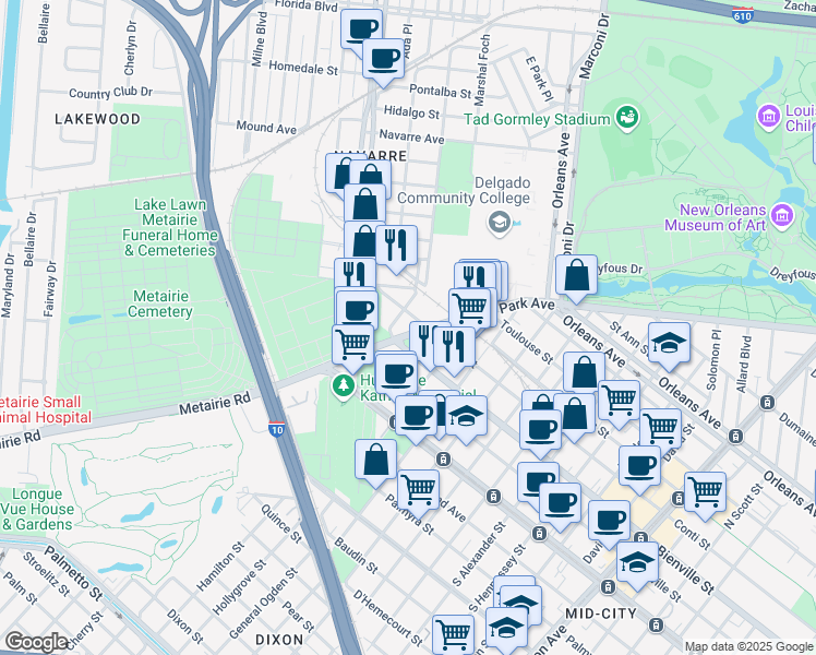 map of restaurants, bars, coffee shops, grocery stores, and more near 5120 Conti Street in New Orleans