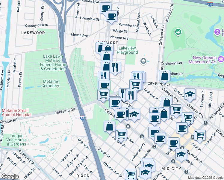 map of restaurants, bars, coffee shops, grocery stores, and more near 5101 Canal Boulevard in New Orleans
