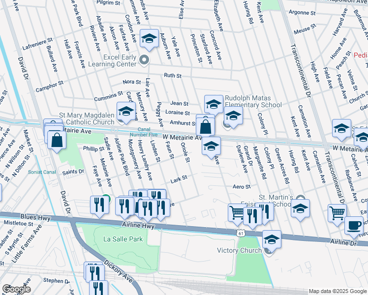 map of restaurants, bars, coffee shops, grocery stores, and more near 821 Oriole Street in Metairie