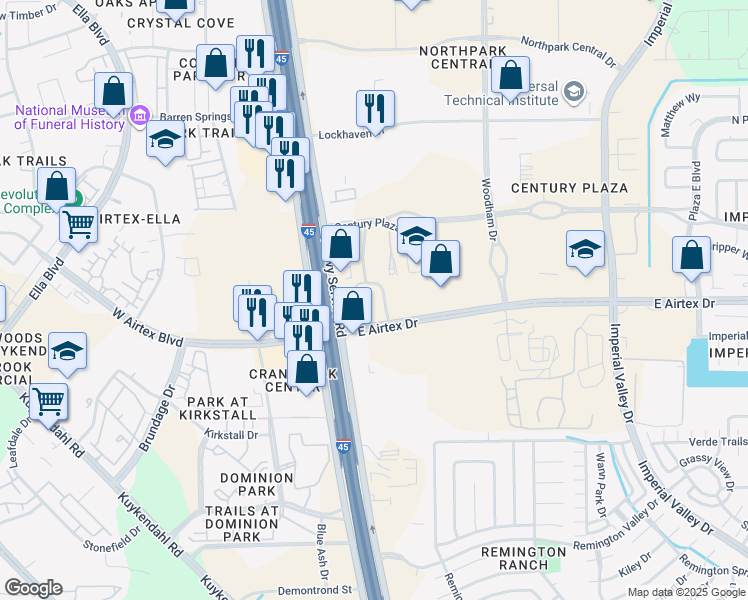 map of restaurants, bars, coffee shops, grocery stores, and more near Edge Park Circle in Houston