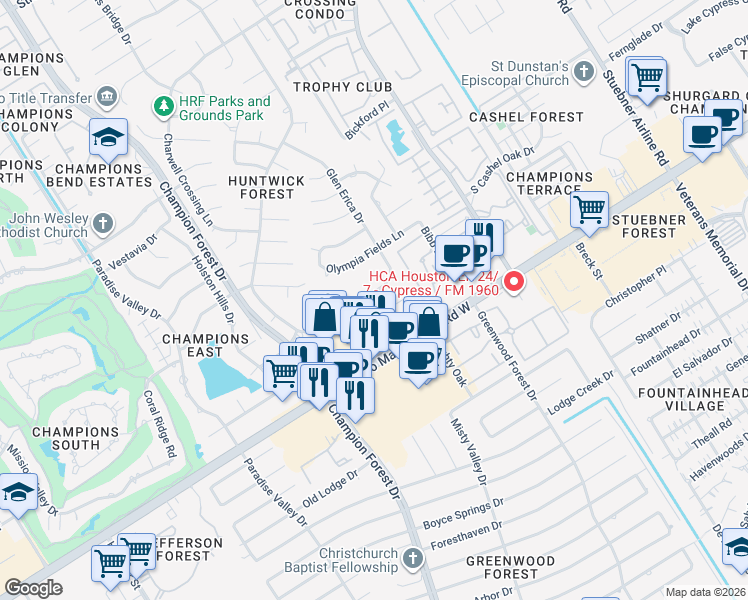 map of restaurants, bars, coffee shops, grocery stores, and more near 13202 Glen Erica Drive in Houston