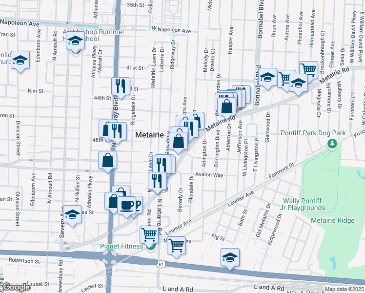 map of restaurants, bars, coffee shops, grocery stores, and more near 132 Metairie Heights Avenue in Metairie