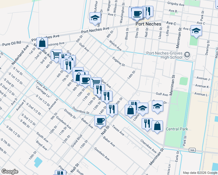 map of restaurants, bars, coffee shops, grocery stores, and more near 2101 12th Street in Port Neches