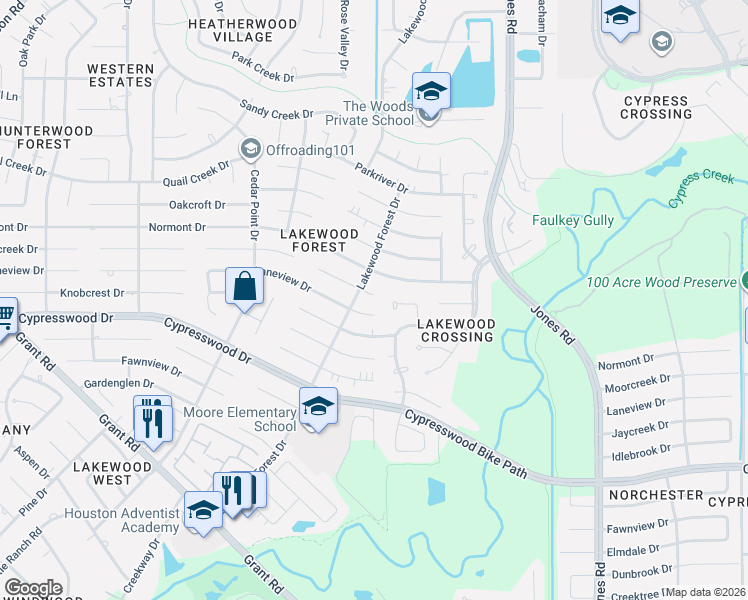 map of restaurants, bars, coffee shops, grocery stores, and more near 11606 Moorcreek Drive in Houston