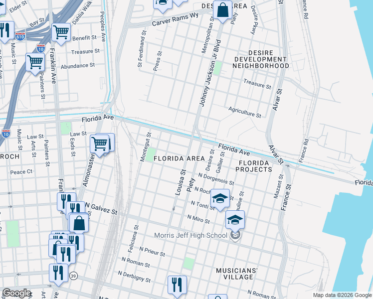 map of restaurants, bars, coffee shops, grocery stores, and more near 2639 Louisa Street in New Orleans