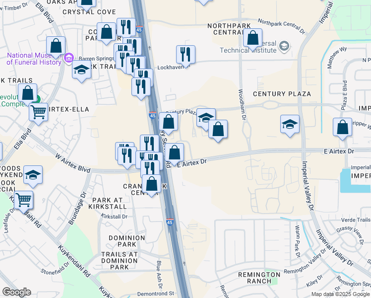 map of restaurants, bars, coffee shops, grocery stores, and more near 14900 North Freeway in Houston