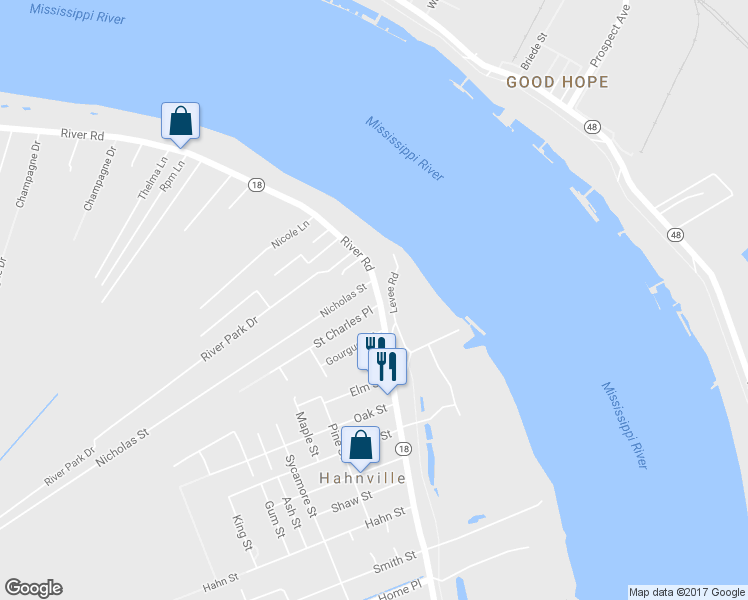 map of restaurants, bars, coffee shops, grocery stores, and more near 15805 River Road in Hahnville