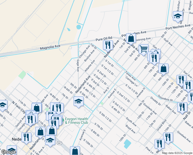 map of restaurants, bars, coffee shops, grocery stores, and more near 203-207 South 2nd 1/2 Street in Nederland