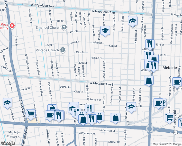 map of restaurants, bars, coffee shops, grocery stores, and more near 1012 Neyrey Dr in Metairie