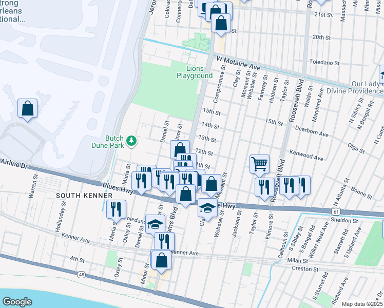 map of restaurants, bars, coffee shops, grocery stores, and more near 2112 12th Street in Kenner