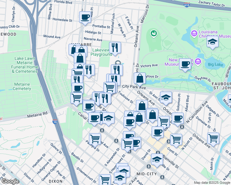 map of restaurants, bars, coffee shops, grocery stores, and more near 520 City Park Avenue in New Orleans