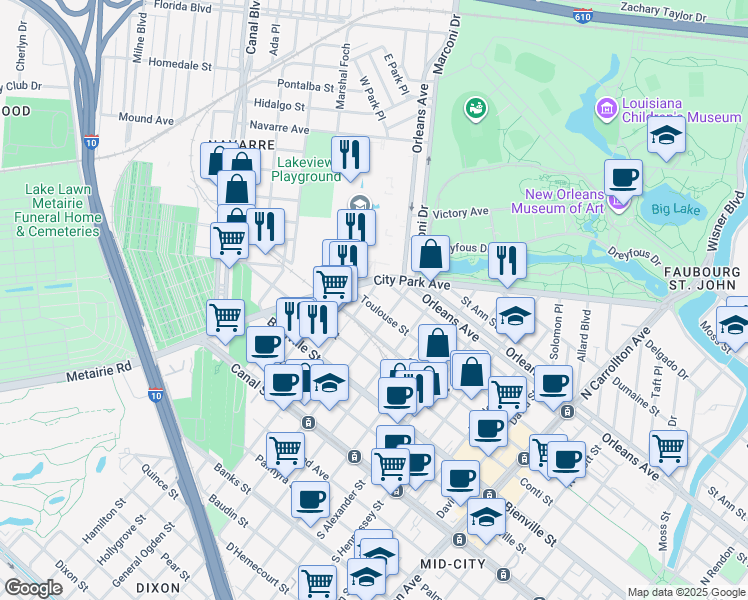 map of restaurants, bars, coffee shops, grocery stores, and more near 606 North Bernadotte Street in New Orleans