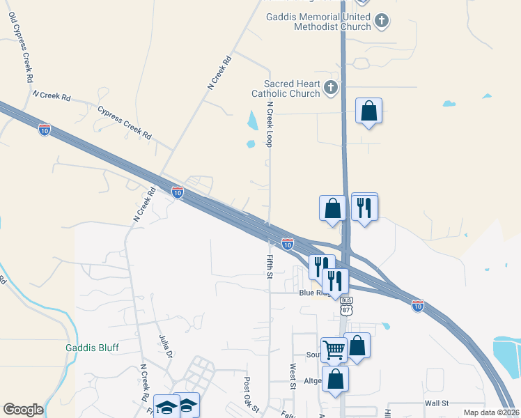 map of restaurants, bars, coffee shops, grocery stores, and more near 29 North Creek Loop in Comfort