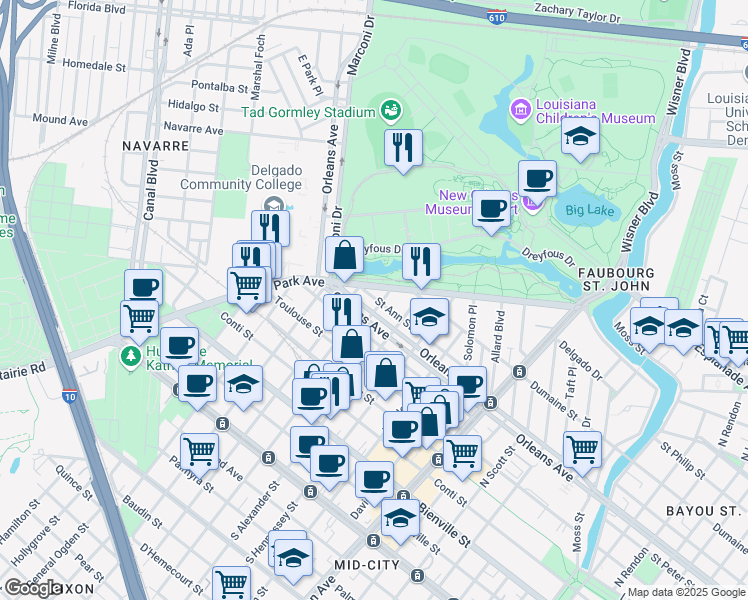 map of restaurants, bars, coffee shops, grocery stores, and more near 4524a Saint Ann Street in New Orleans