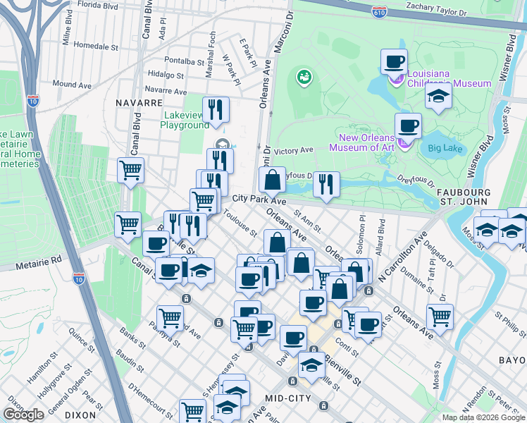 map of restaurants, bars, coffee shops, grocery stores, and more near 4618 Orleans Avenue in New Orleans