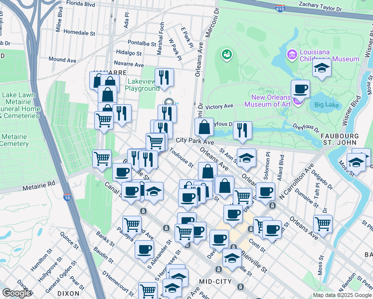 map of restaurants, bars, coffee shops, grocery stores, and more near 4724 Saint Peter Street in New Orleans