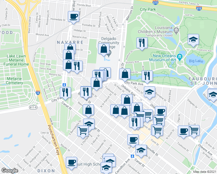 map of restaurants, bars, coffee shops, grocery stores, and more near 4724 Saint Peter Street in New Orleans