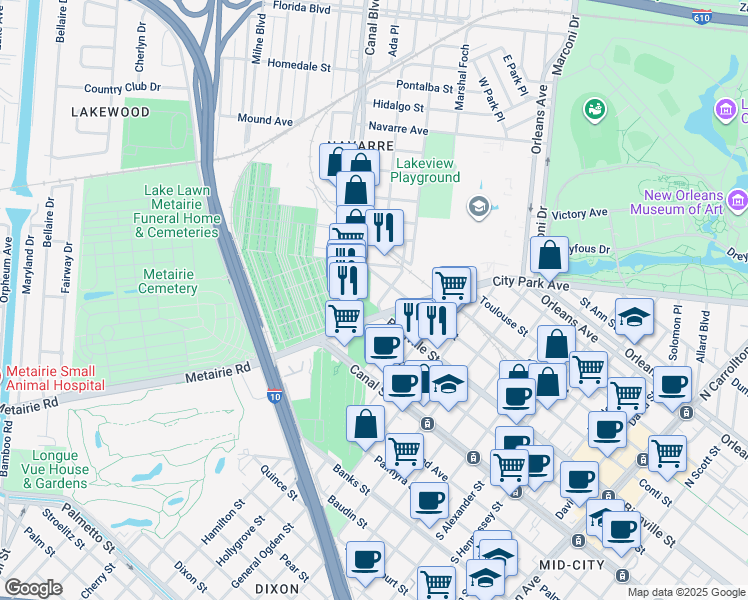 map of restaurants, bars, coffee shops, grocery stores, and more near 5101 Canal Boulevard in New Orleans