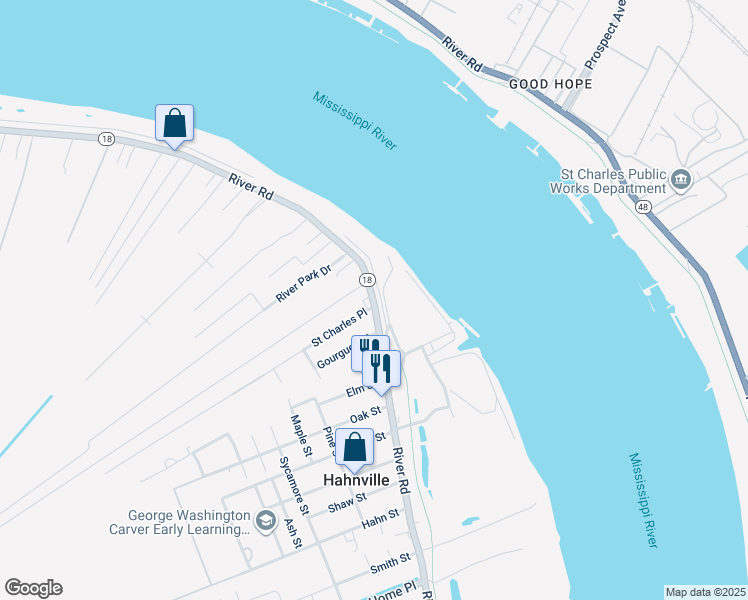 map of restaurants, bars, coffee shops, grocery stores, and more near 15805 River Road in Hahnville