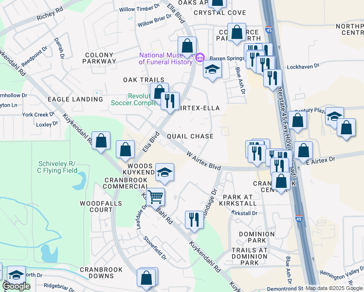 map of restaurants, bars, coffee shops, grocery stores, and more near 132 West Airtex Boulevard in Houston