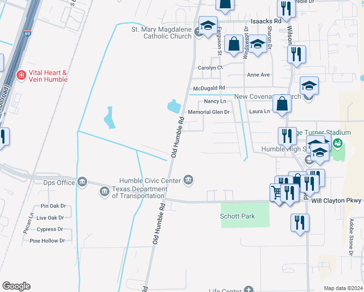map of restaurants, bars, coffee shops, grocery stores, and more near 1215 South Houston Avenue in Humble
