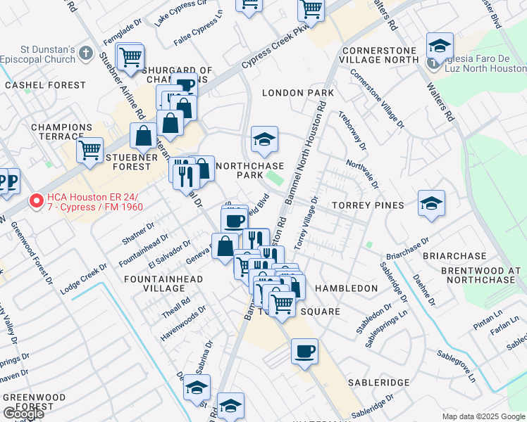 map of restaurants, bars, coffee shops, grocery stores, and more near 14267 Sylvanfield Drive in Houston