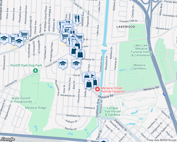 map of restaurants, bars, coffee shops, grocery stores, and more near 204 Carrollton Avenue in Metairie