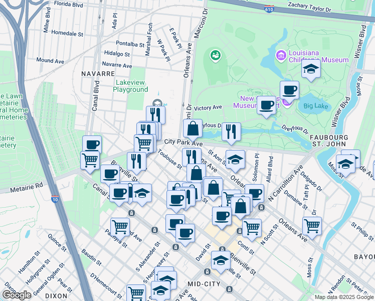 map of restaurants, bars, coffee shops, grocery stores, and more near 4618 Orleans Avenue in New Orleans