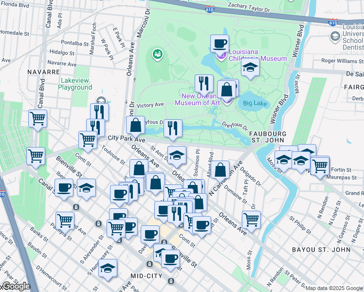 map of restaurants, bars, coffee shops, grocery stores, and more near 928 City Park Avenue in New Orleans