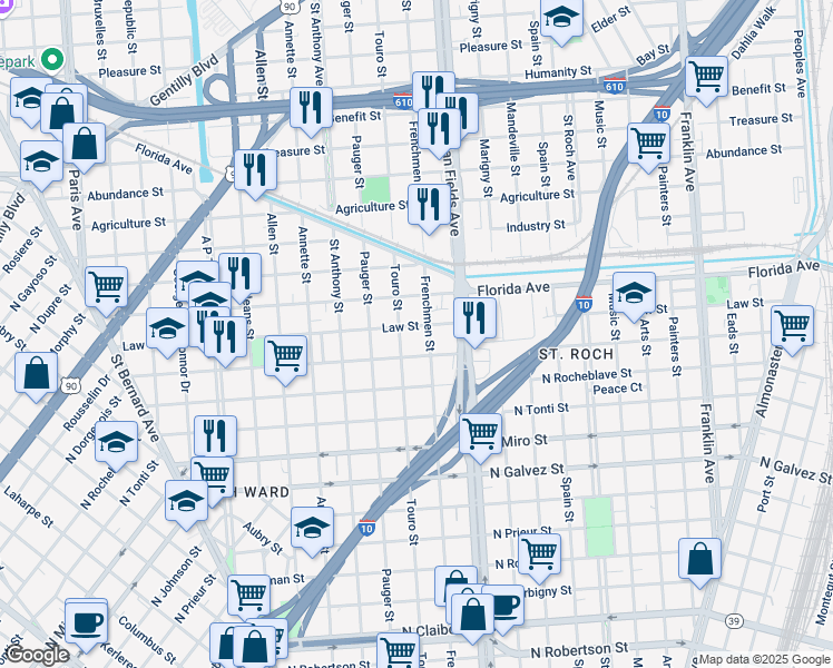 map of restaurants, bars, coffee shops, grocery stores, and more near 2144 Law Street in New Orleans