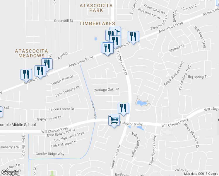 map of restaurants, bars, coffee shops, grocery stores, and more near 12223 Carriage Oak Circle in Humble