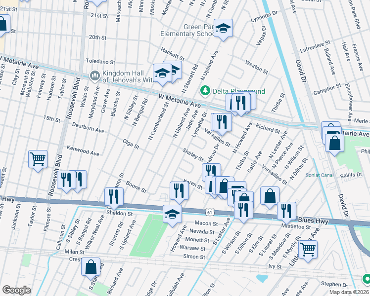 map of restaurants, bars, coffee shops, grocery stores, and more near 512 Lynnette Drive in Metairie