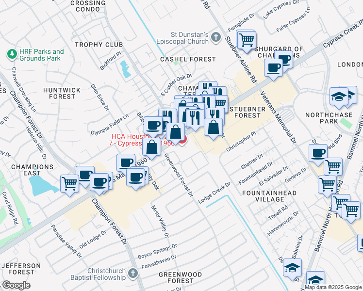 map of restaurants, bars, coffee shops, grocery stores, and more near 5003 Farm to Market 1960 Road West in Houston