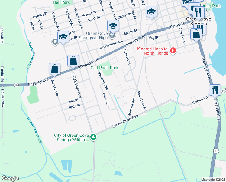 map of restaurants, bars, coffee shops, grocery stores, and more near 464 Brentwood Court in Green Cove Springs
