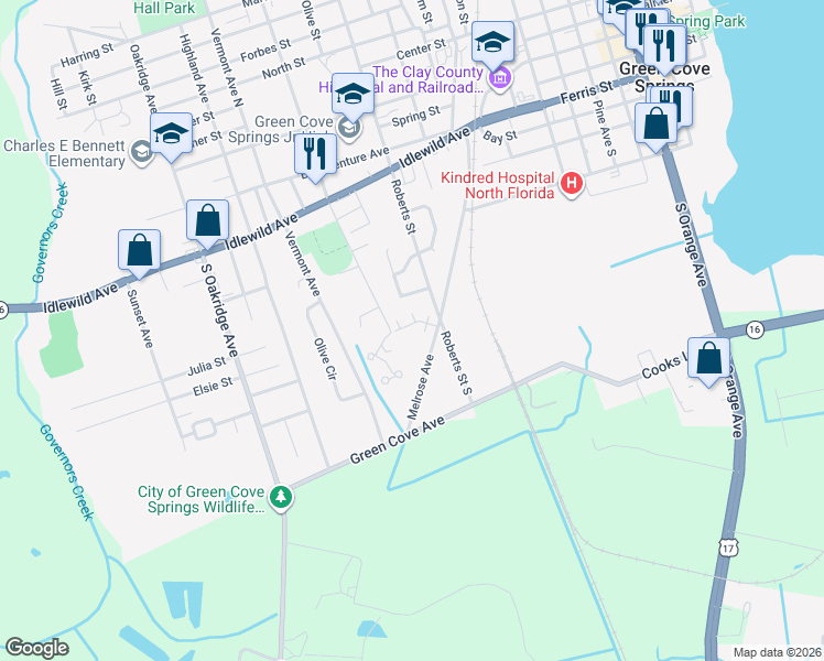 map of restaurants, bars, coffee shops, grocery stores, and more near 1201 Joey Drive in Green Cove Springs
