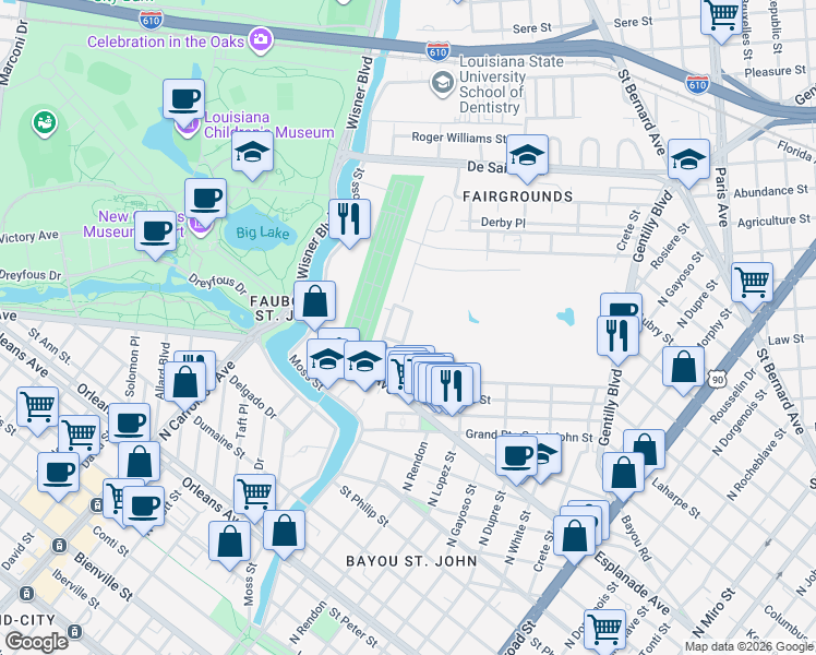 map of restaurants, bars, coffee shops, grocery stores, and more near 1 Verna Court in New Orleans