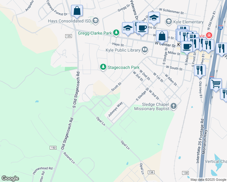 map of restaurants, bars, coffee shops, grocery stores, and more near 101 Park Place in Kyle