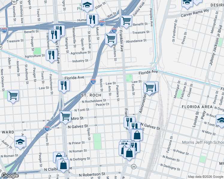 map of restaurants, bars, coffee shops, grocery stores, and more near 2515 Arts Street in New Orleans