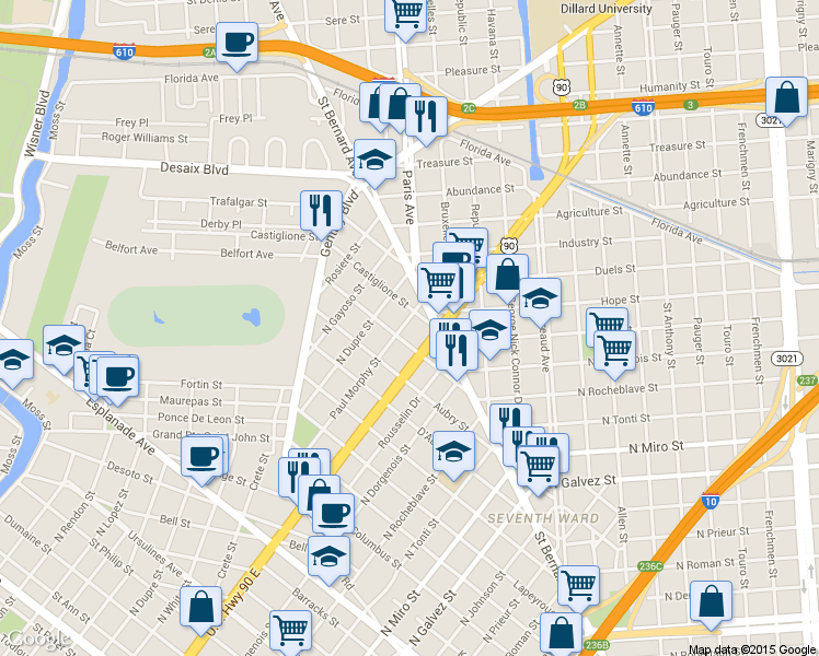 map of restaurants, bars, coffee shops, grocery stores, and more near 1805 Paul Morphy Street in New Orleans