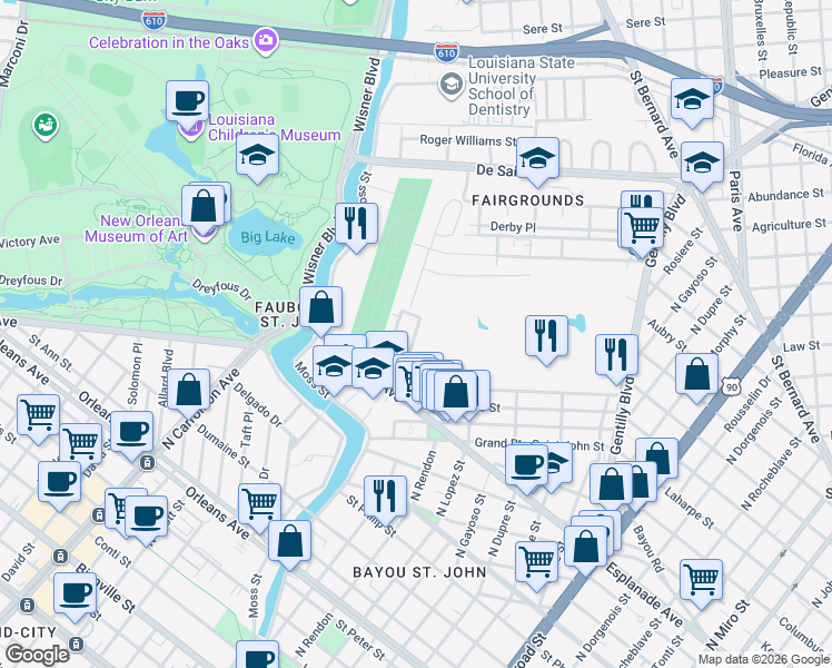 map of restaurants, bars, coffee shops, grocery stores, and more near 1 Verna Court in New Orleans
