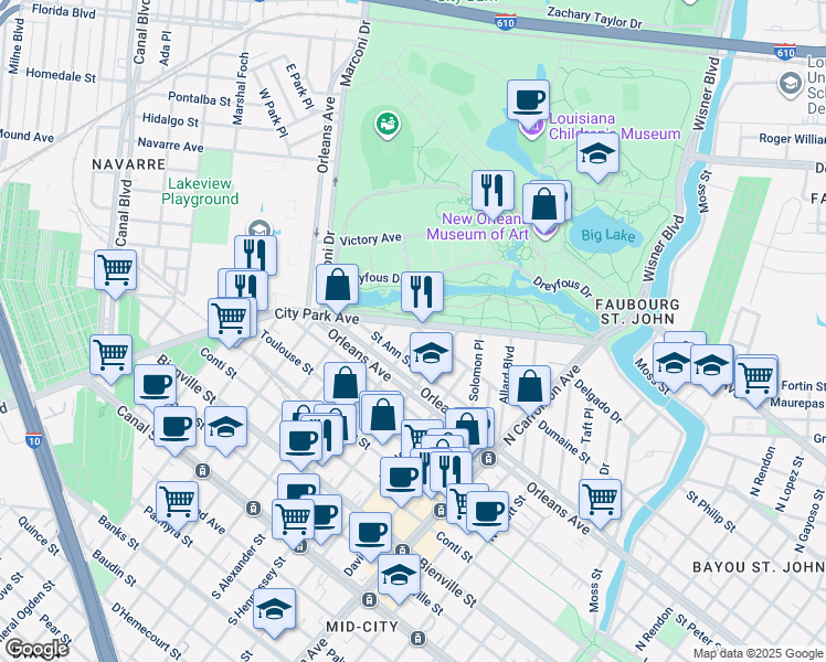 map of restaurants, bars, coffee shops, grocery stores, and more near 866 City Park Avenue in New Orleans