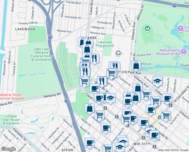 map of restaurants, bars, coffee shops, grocery stores, and more near 5120 Conti Street in New Orleans