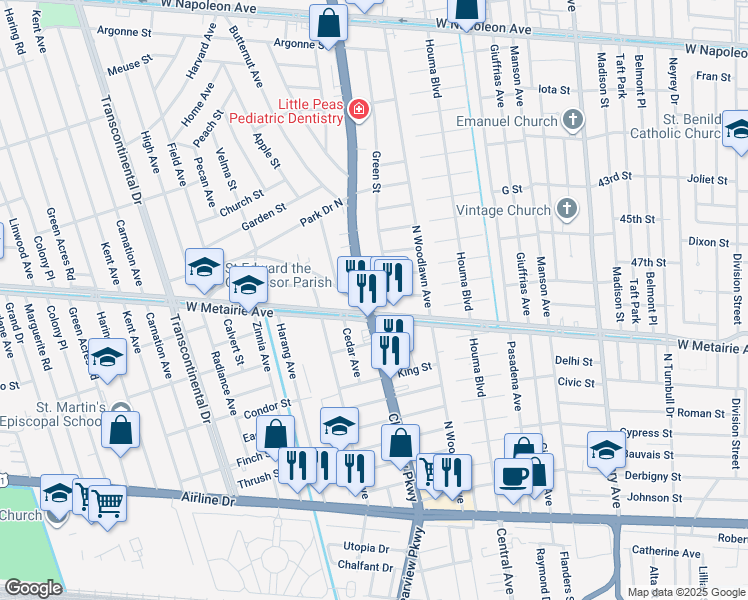 map of restaurants, bars, coffee shops, grocery stores, and more near 4445 Perkins Street in Metairie