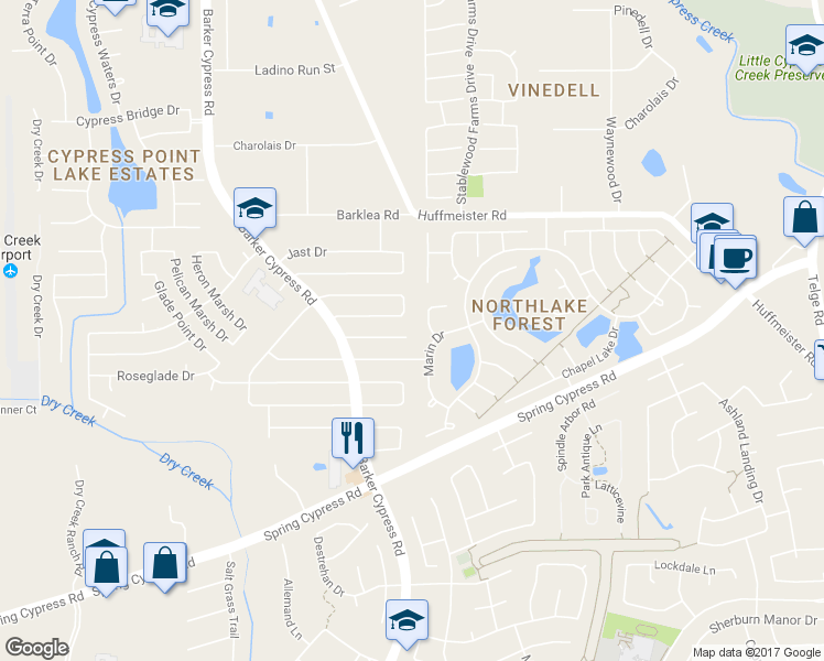 map of restaurants, bars, coffee shops, grocery stores, and more near 16102 Kelley Green Ct in Cypress