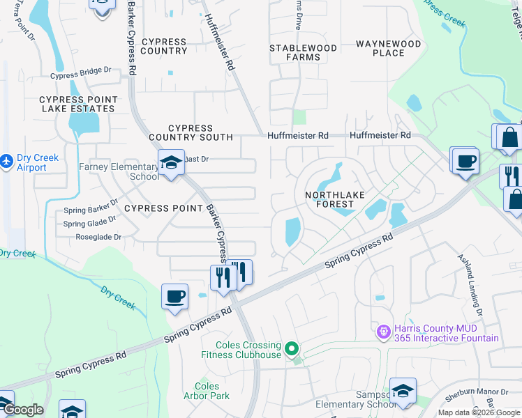 map of restaurants, bars, coffee shops, grocery stores, and more near 16102 Kelley Green Court in Cypress