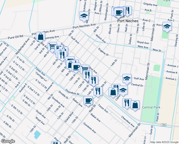 map of restaurants, bars, coffee shops, grocery stores, and more near 2116 12th Street in Port Neches
