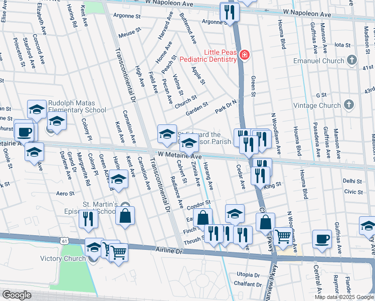 map of restaurants, bars, coffee shops, grocery stores, and more near 4817 West Metairie Avenue in Metairie