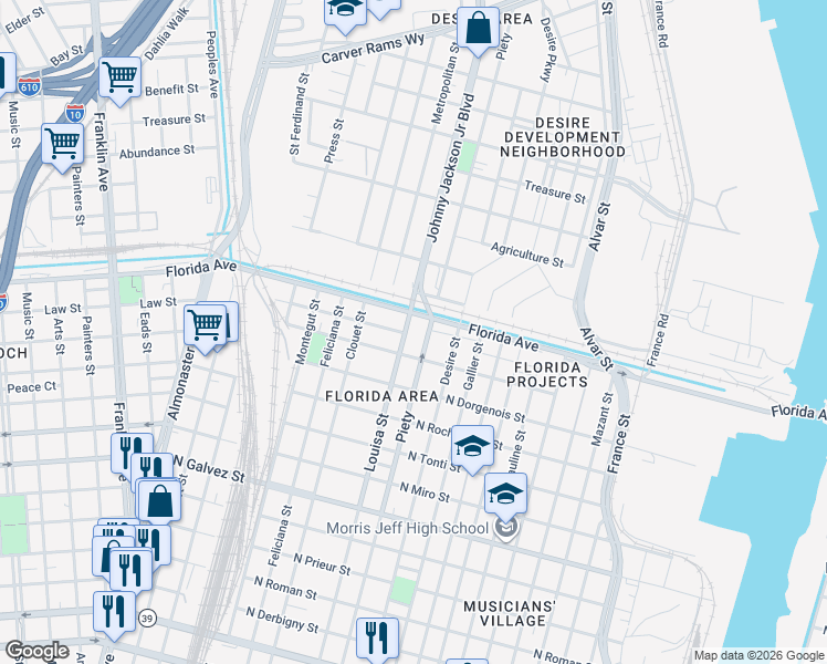 map of restaurants, bars, coffee shops, grocery stores, and more near 2633 Louisa Street in New Orleans