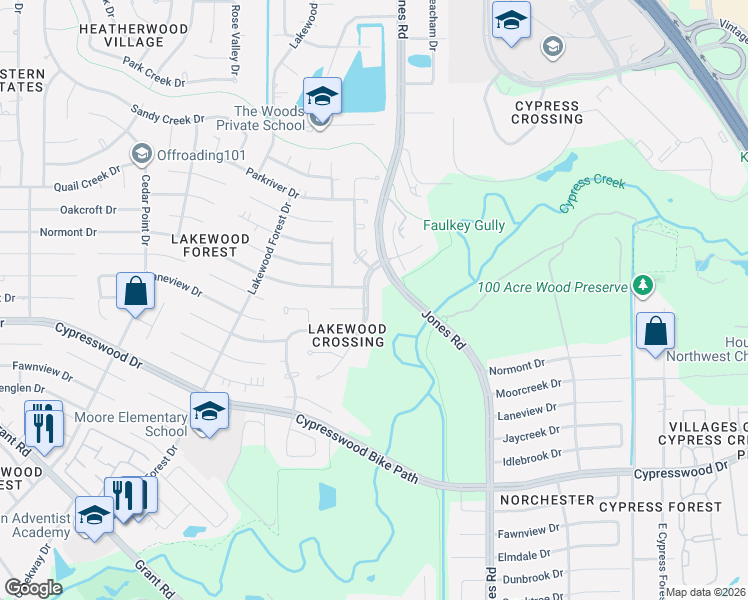 map of restaurants, bars, coffee shops, grocery stores, and more near 14010 Lakewood Crossing Boulevard in Houston