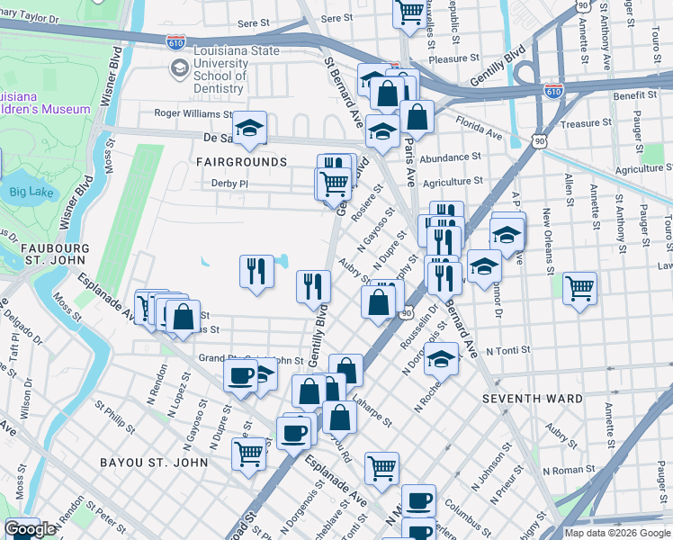 map of restaurants, bars, coffee shops, grocery stores, and more near 1726 Gentilly Boulevard in New Orleans